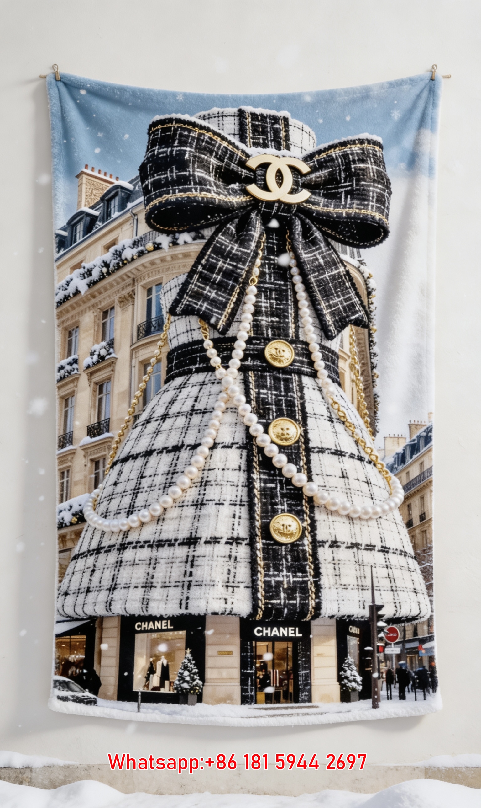 Luxury Chanel Tweed Dress Building Flannel Throw Blanket  Paris Store Pearl Bow Print IMG_7199